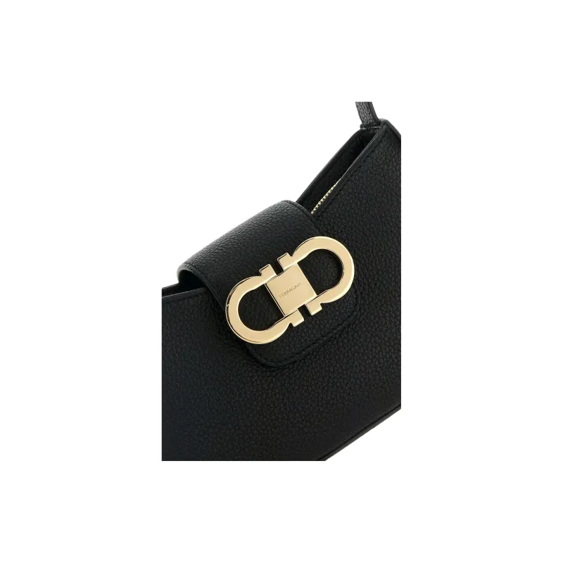 FERRAGAMO GANCINI Calfskin Shoulder Bag Women's Black-3