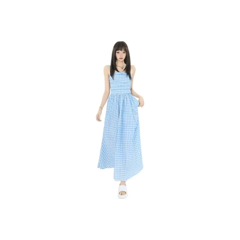 JASONWOOD Slip Dresses Women's Blue White Plaid Long Skirt-1