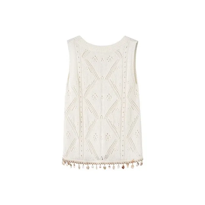 HDFULERN Knitwear Women's Beige Fashion Cut Out Design Knitwear Women's Summer French Elegant Slimming Tank Top-1