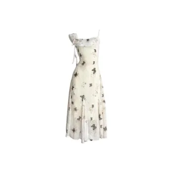 PZGE Slip Dresses Women's Beige Yellow Butterfly Dress