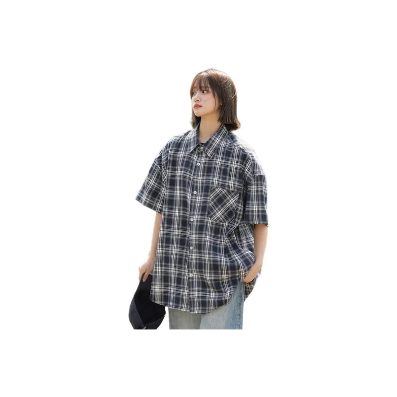 Ordifen Shirts Women's Navy Blue Plaid-0