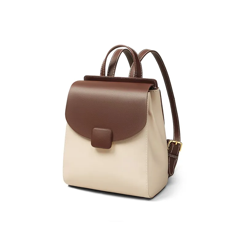 VINEY Cow Leather Backpack Regular Women's White & Coffee-4