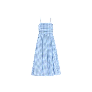 JASONWOOD Slip Dresses Women's Blue White Plaid Long Skirt