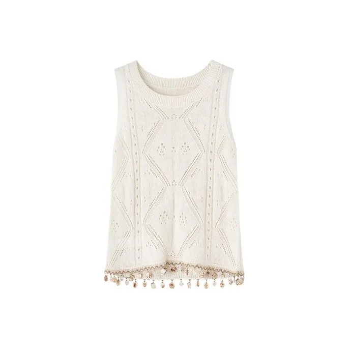 HDFULERN Knitwear Women's Beige Fashion Cut Out Design Knitwear Women's Summer French Elegant Slimming Tank Top-0