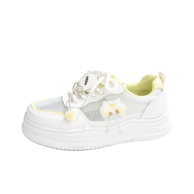 RENBEN Breathable Height Increase Low Top Skateboard Shoes Women's White Yellow-1