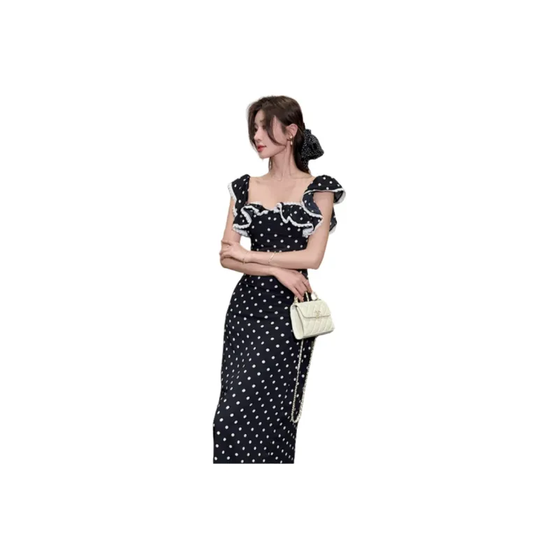 Mu Xiao Xin Slip Dresses Women's Black Polka Dot Long Skirt-0