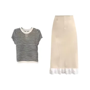 TENNE GIRL Two Piece Skirt Sets Women's Striped Top+Apricot Skirt