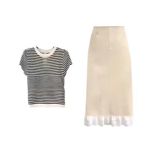 TENNE GIRL Two Piece Skirt Sets Women's Striped Top+Apricot Skirt