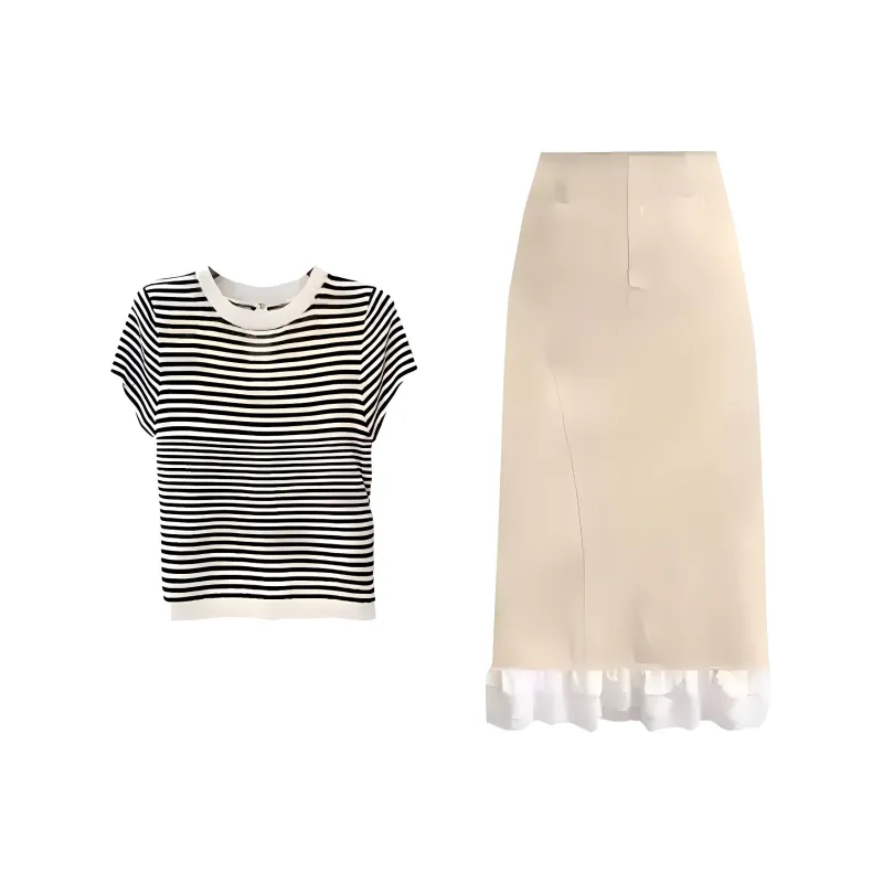 TENNE GIRL Two Piece Skirt Sets Women's Striped Top+Apricot Skirt-0