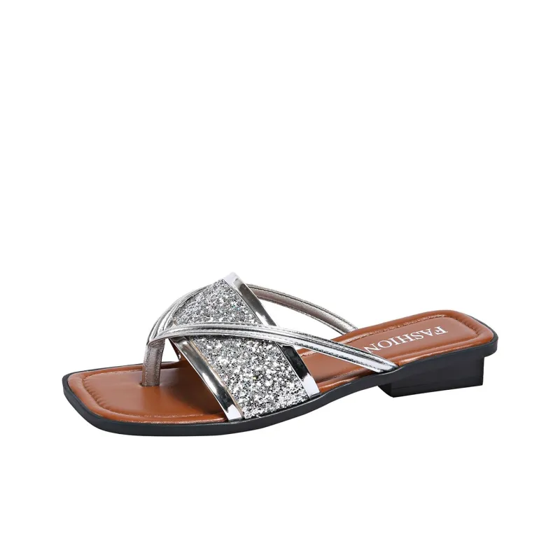 AMICNIEGD Odor Resistant Abrasion Resistant Slip Resistant Flip Flops Women's Silver-0