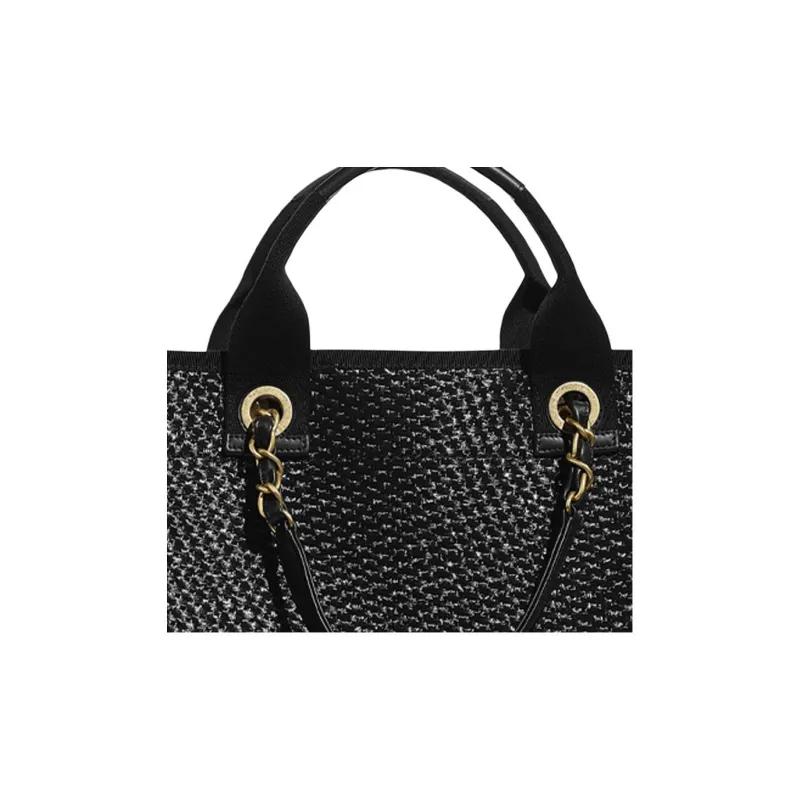 CHANEL Straw Woven & Calfskin & Metal Chain Shoulder Bag, Handbag Women's Black/Gold-3