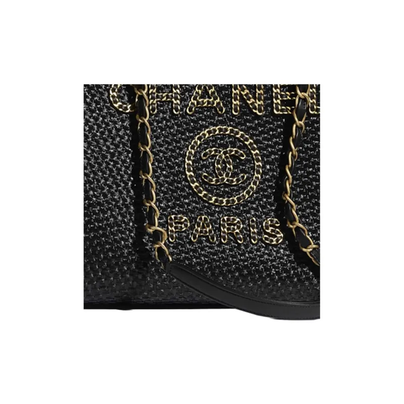 CHANEL Straw Woven & Calfskin & Metal Chain Shoulder Bag, Handbag Women's Black/Gold-4