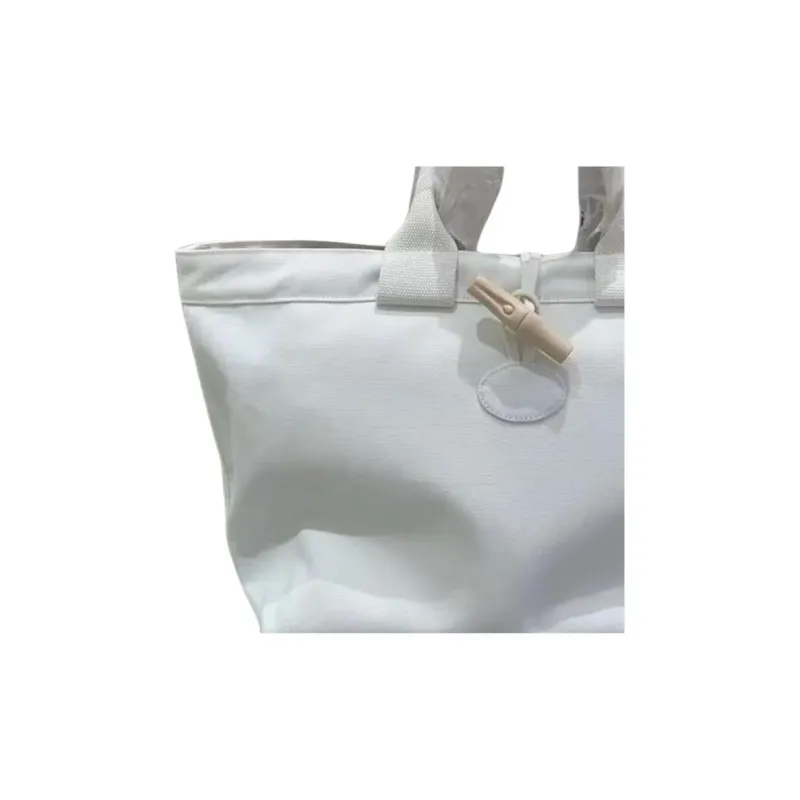 LONGCHAMP Le Roseau Fabric Canvas Bag, Tote Bag, Shopping Bag, Handbag Women's Ivory White-1