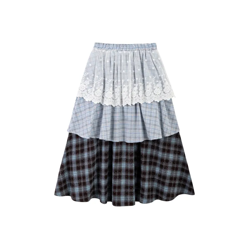 NewJnxs Casual Long Skirt Women's Light Blue Plaid-0