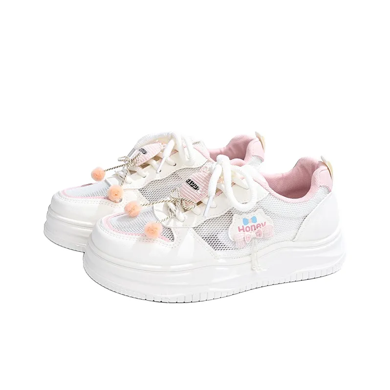 RENBEN Lightweight Breathable Height Increasing Low Top Skateboard Shoes Women's Pink White-2