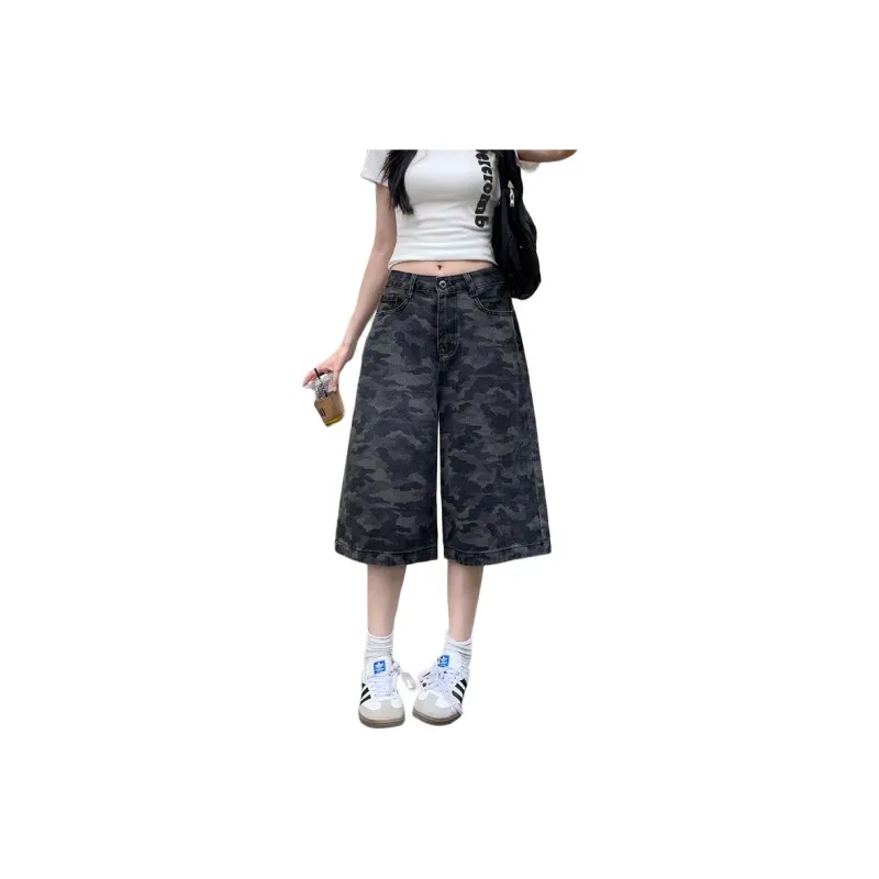 NRTR High Rise Slimming Seven Eighths Loose Fit Wide Leg Denim Shorts Women's-1