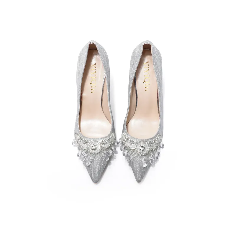Take The Qin Slim Heel High Heels Women's Silver-3