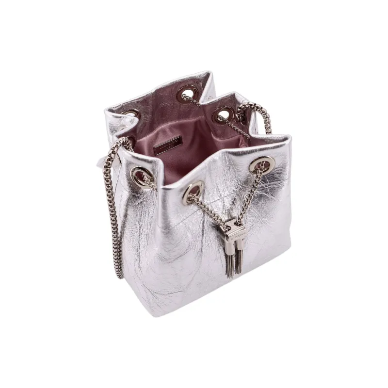 Jimmy Choo Leather Bucket Bag, Shoulder Bag, Crossbody Bag, Handbag Women's Silver-3