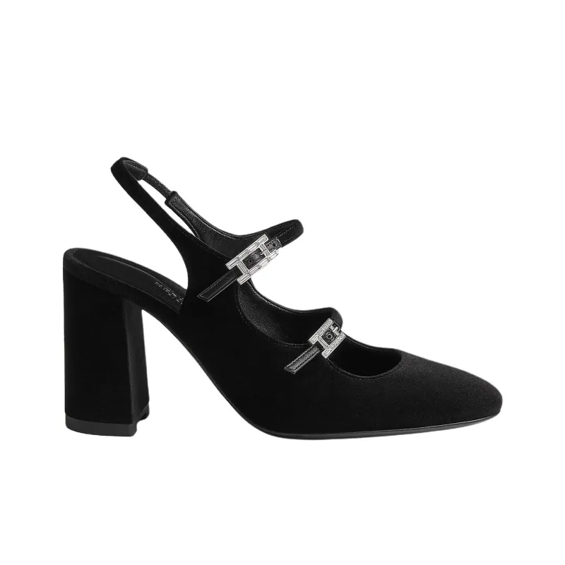 HERMES Jackie Chunky Heel High Heels 9cm Women's Black-1
