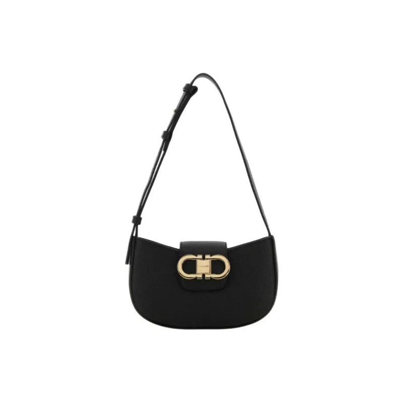 FERRAGAMO GANCINI Calfskin Shoulder Bag Women's Black-0