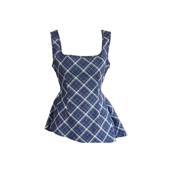 PZGE Tank Tops Women's Blue Plaid Tank Top With Strapless Design