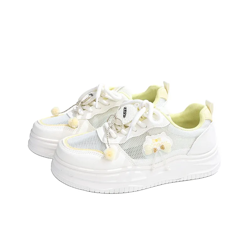 RENBEN Breathable Height Increase Low Top Skateboard Shoes Women's White Yellow-2