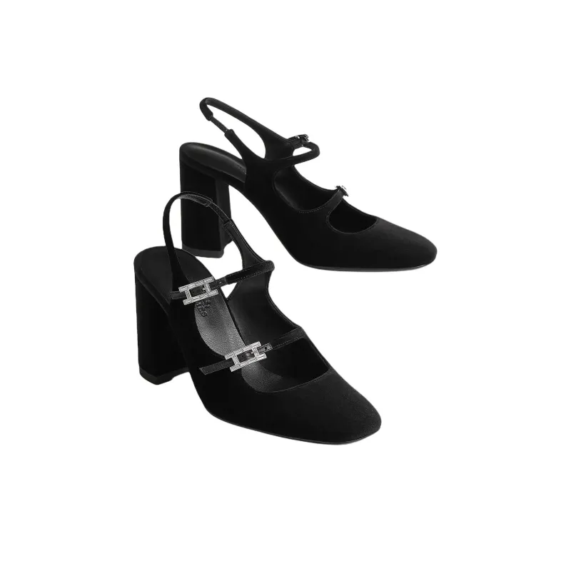 HERMES Jackie Chunky Heel High Heels 9cm Women's Black-2