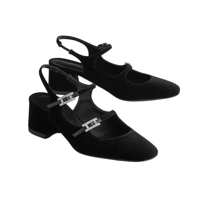 HERMES Jackie Chunky Heel High Heels 5cm Women's Black-1