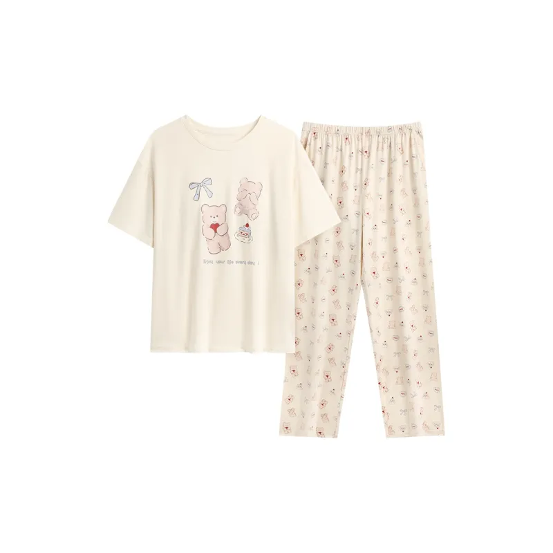 HUADAOJI Pajama Set Women's 2 Pack Beige Yellow-0