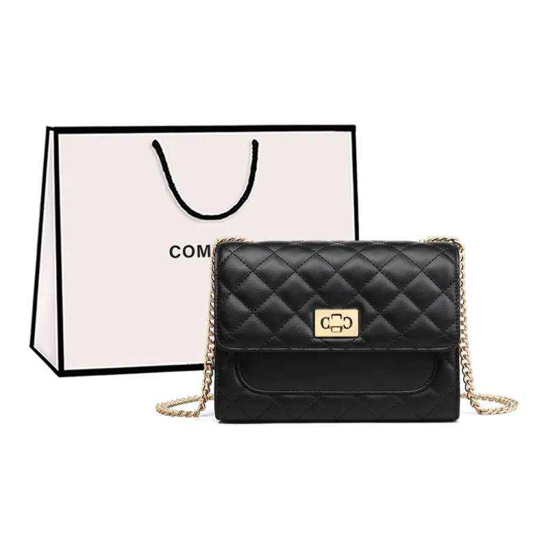 COMELY Cow Leather Chain Shoulder Bag, Crossbody Bag Regular Women's Black-0
