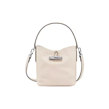 LONGCHAMP Le Roseau Cow Leather Bucket Bag, Shoulder Bag, Crossbody Bag, Handbag Mini Women's Paper White