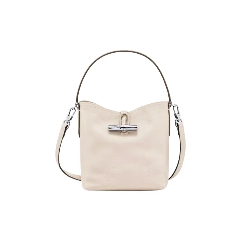 LONGCHAMP Le Roseau Cow Leather Bucket Bag, Shoulder Bag, Crossbody Bag, Handbag Mini Women's Paper White-0
