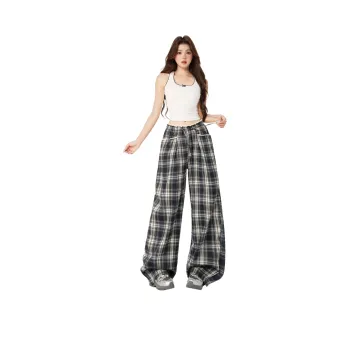 ZAZN Casual Pants Women's Gray Blue Plaid