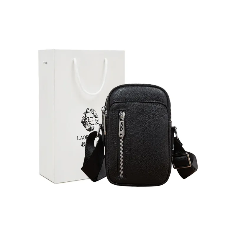 Old Man's Head Top Grain Cow Leather Shoulder Bag Men's Black-0