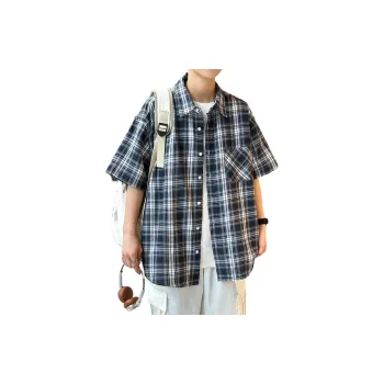 HOKLV Shirts Unisex Navy Blue Plaid