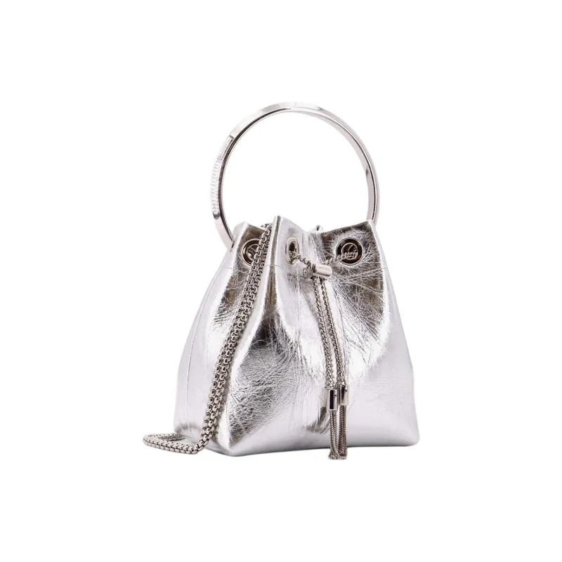Jimmy Choo Leather Bucket Bag, Shoulder Bag, Crossbody Bag, Handbag Women's Silver-1