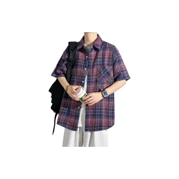 HOKLV Shirts Unisex Blue Red Plaid