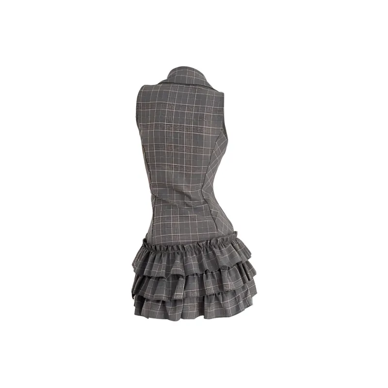 ADXKM Sleeveless Dresses Women's Gray Pink Plaid Skirt-1