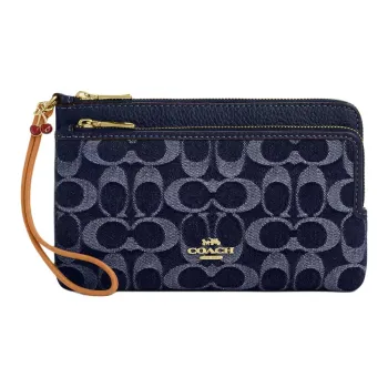 COACH Double Zip Wallet Denim With Leather Wallet Trumpets Women's Dark Blue