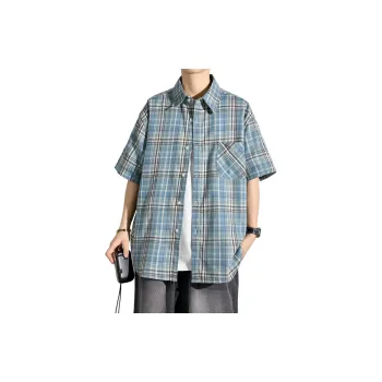 HOKLV Shirts Unisex Blue White Plaid