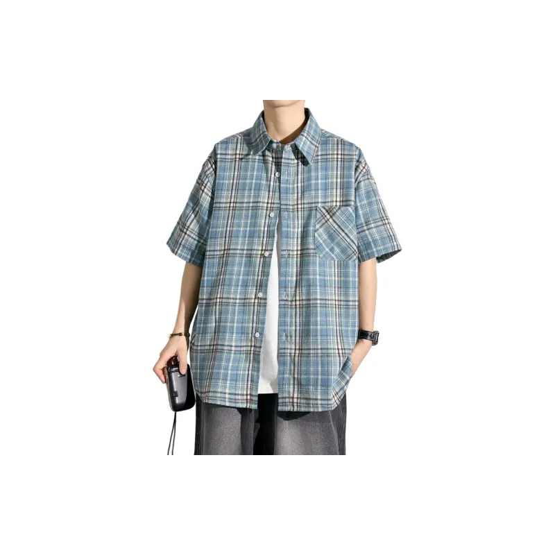 HOKLV Shirts Unisex Blue White Plaid-0