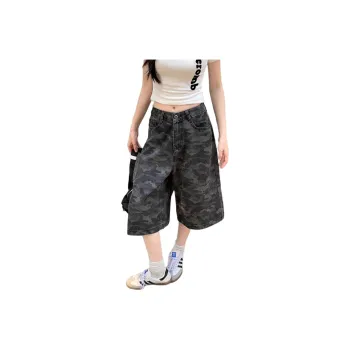 NRTR High Rise Slimming Seven Eighths Loose Fit Wide Leg Denim Shorts Women's