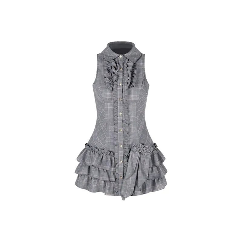 ADXKM Sleeveless Dresses Women's Gray Pink Plaid Skirt-0