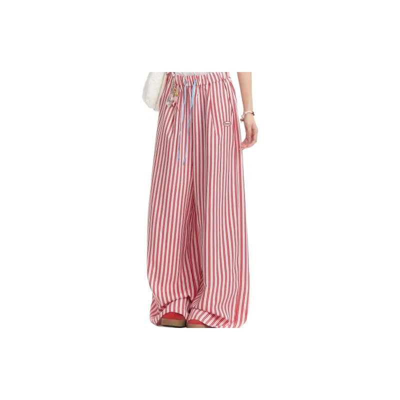 ABCMININ Casual Pants Women's Red White Stripes-0