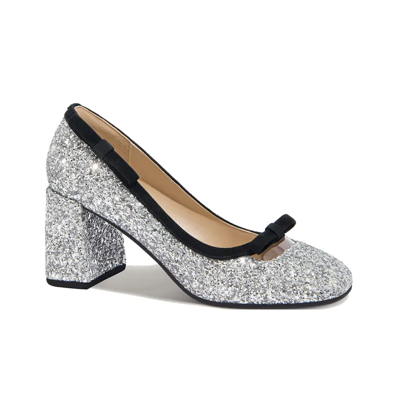 Lily Wei Mermaid's Scale Glow Chunky Heel High Heels Women's Silver-1