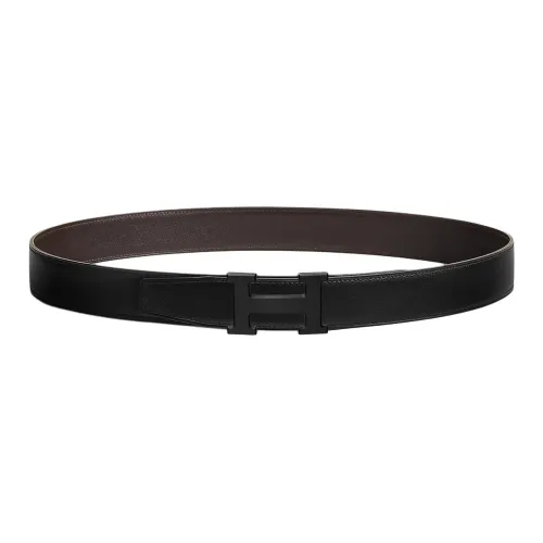 HERMES Calfskin Leather Belts Men's Black 3.2CM