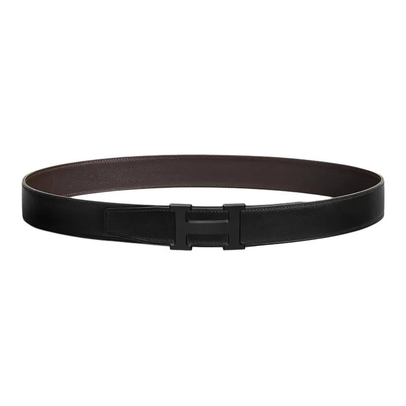 HERMES Calfskin Leather Belts Men's Black 3.2CM-0