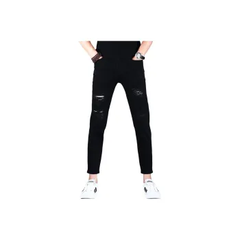 JIKENDI Jeans Men Black Ankle Length With Holes