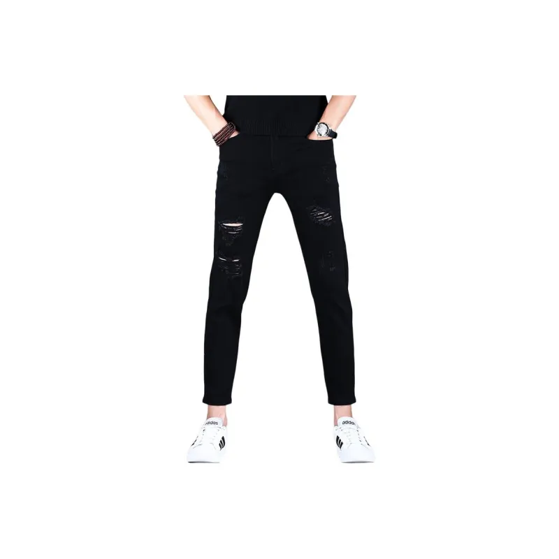 JIKENDI Jeans Men Black Ankle Length With Holes-0