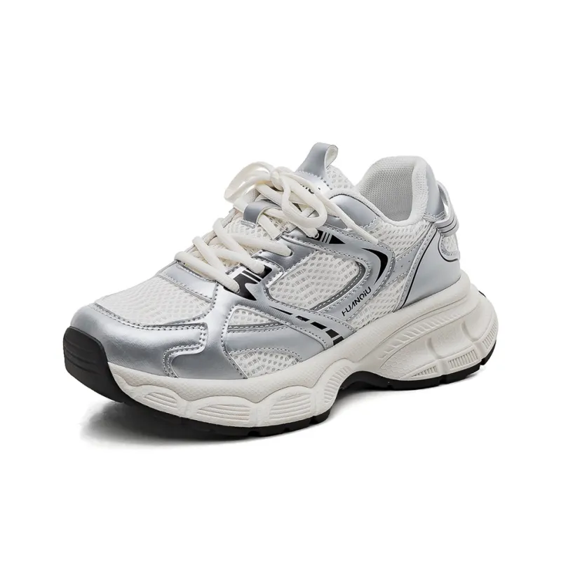 HUANQIU Shock Absorbers With Slip Resistant And Abrasion Resistant Properties Low Top Chunky Sneakers Women's Silver-1